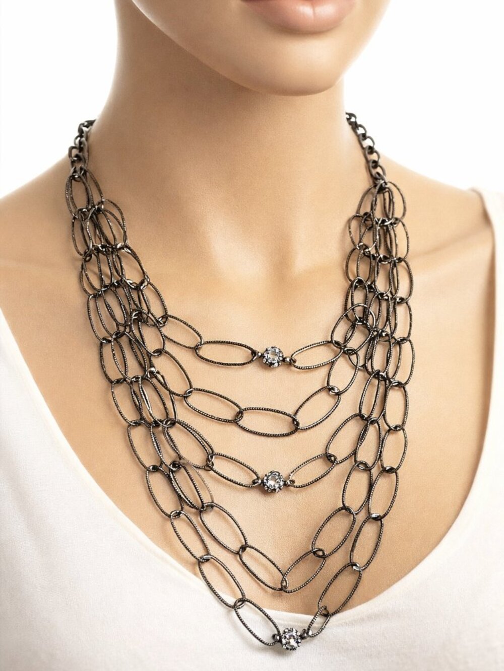 Studio S Black Textured Multi-Layer Hoop Necklace w/ Small Crystal Ball Accents